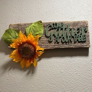 Sunflower Wall Decor on barnwood with Green Text come gather at our table